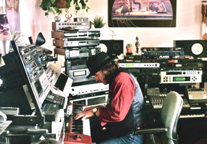 Jefferson Starship/Rod Stewart keyboardist Pete Sears at the studio recording tracks for Indigo Moon.